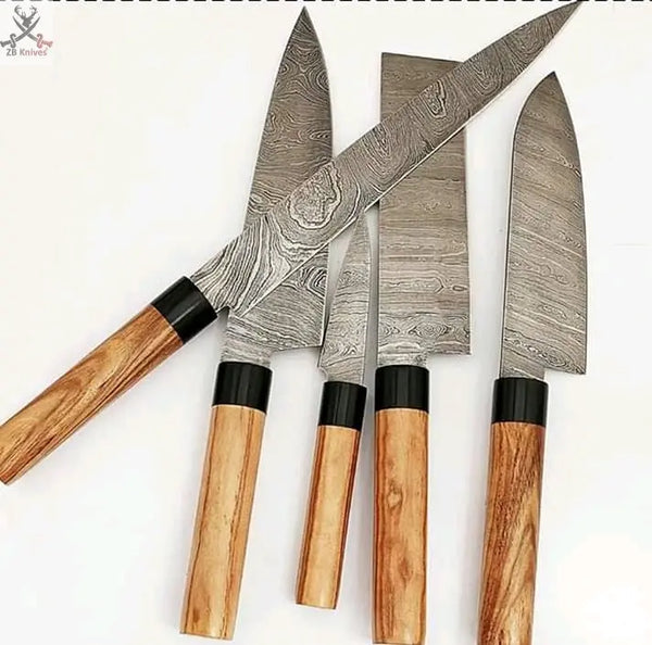 5 PCS HAND FORGED Damascus Steel Fixed Blade Damascus Steel Kitchen Set Knives + Leather Sheath ZB Knives Store