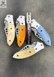 5 PCS HAND FORGED Damascus Steel Folding Pocket Knife + leather sheath - ZB Knives Store