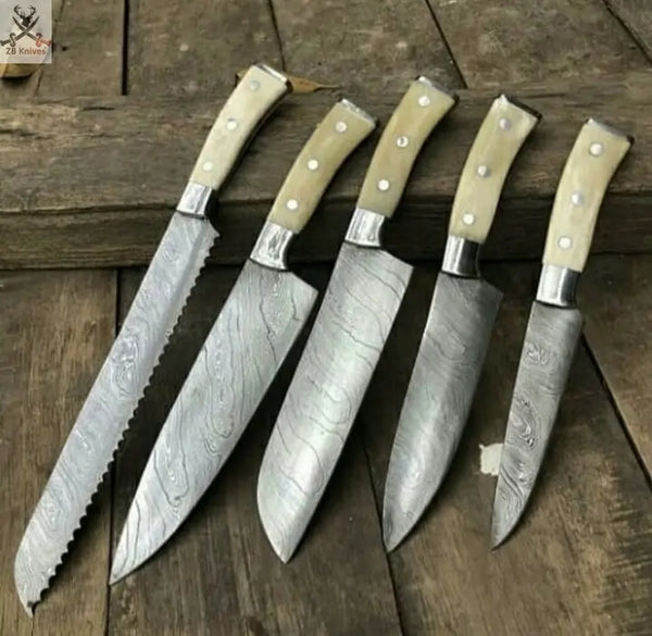 5 PCS HAND FORGED Damascus Steel Kitchen Set knives+ Leather Roll kit ZB Knives Store