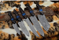 5 PCS HAND FORGED Fixed Blade Damascus Steel kitchen Knives + leather Roll kit 🦋💙 ZB Knives Store