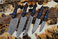 5 PCS HAND FORGED Fixed Blade Damascus Steel kitchen Knives + leather Roll kit 🦋💙 ZB Knives Store