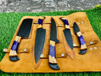 5 PCS HAND FORGED Full Tang 1095 high carbon steel powder coated Kitchen Set knives + leather case 💙💜💛 ZB Knives Store