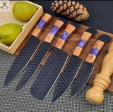 5 PCS HAND FORGED Full Tang 1095 high carbon steel powder coated Kitchen Set knives + leather case 💙💜💛 ZB Knives Store