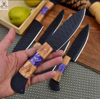 5 PCS HAND FORGED Full Tang 1095 high carbon steel powder coated Kitchen Set knives + leather case 💙💜💛 ZB Knives Store