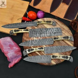 5 PCS HAND FORGED Full Tang Damascus Steel Kitchen Set Knives+ Leather Roll kit - ZB Knives Store