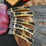 5 PCS HAND FORGED Full Tang Damascus Steel Kitchen Set Knives+ Leather Roll kit - ZB Knives Store