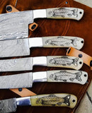 Custom handmade full tang Damascus steel Engraved Kitchen Set Knives - ZB Knives Store