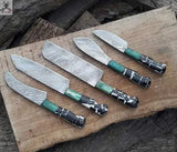 5 PCS HAND FORGED Full Tang Damascus Steel Kitchen Set knives+ Leather roll kit ZB Knives Store