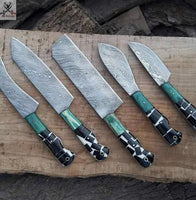 5 PCS HAND FORGED Full Tang Damascus Steel Kitchen Set knives+ Leather roll kit ZB Knives Store