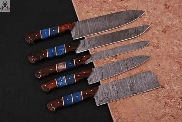 5 PCS HAND FORGED Full Tang Damascus Steel Kitchen Set knives+ Leather roll kit ZB Knives Store