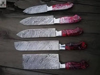 5 PCS HAND FORGED Full Tang Damascus Steel kitchen set knives + Leather Sheath ZB Knives Store