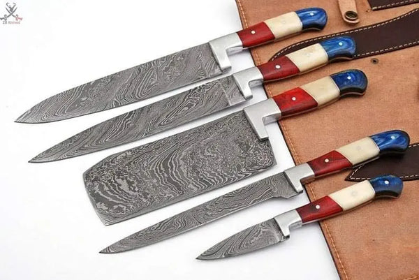 5 PCS HAND FORGED Full Tang Damascus Steel kitchen set knives+ Leather sheath ZB Knives Store