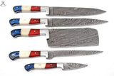 5 PCS HAND FORGED Full Tang Damascus Steel kitchen set knives+ Leather sheath ZB Knives Store