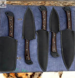 5 PCS HAND FORGED Full Tang High Carbon Steel kitchen set knives + Leather Sheath - ZB Knives Store
