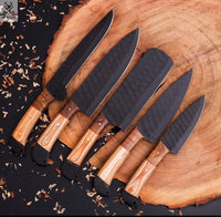 5 PCS HAND FORGED Full Tang High Carbon Steel kitchen set knives + Leather Sheath ZB Knives Store