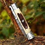 Swing guard Stiletto Knife Rare Italian Automatic - Antler Horn Damascus