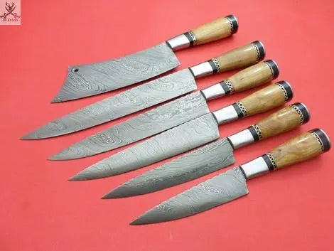 6 PCS HAND FORGED Fixed Blade Damascus Steel Kitchen Set Knives+ Leather Roll kit ZB Knives Store