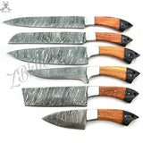 6 PCS HAND FORGED Full Tang Damascus Steel kitchen Set knives + Leather Roll Kit - ZB Knives Store