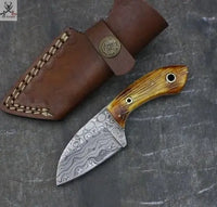 6.25" Inches HAND FORGED Full Tang Damascus Steel Skinning Knife+ Leather sheath ZB Knives Store