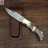 6.5" Inches HAND FORGED Damascus Steel Folding Pocket knife+ Leather sheath ZB Knives Store