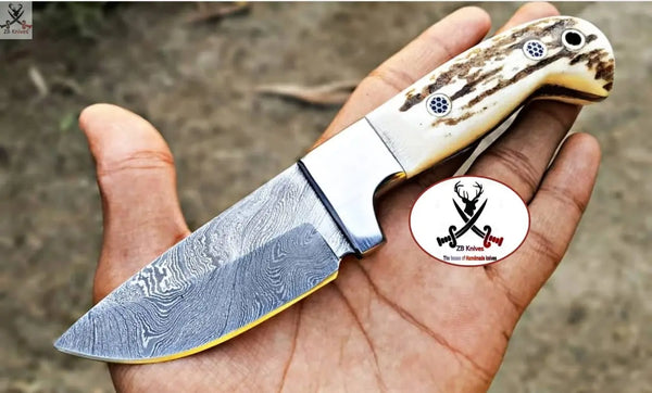 6.5" Inches HAND FORGED Full Tang Damascus Steel Skinning Knife+ Leather sheath ZB Knives Store