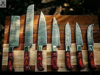 7 PCS HAND FORGED Full Tang Damascus Steel kitchen set knives + Leather Sheath ZB Knives Store