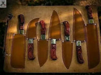 7 PCS HAND FORGED Full Tang Damascus Steel kitchen set knives + Leather Sheath ZB Knives Store