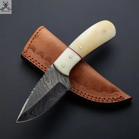 7.25"inches HAND FORGED Full Tang Damascus Steel Skinning Knife + Leather Sheath ZB Knives Store