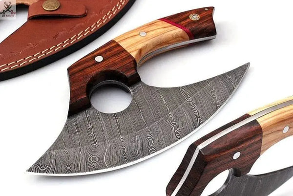 7.4"inches HAND FORGED Full Tang Damascus Steel ULU Knife + Leather Sheath ZB Knives Store