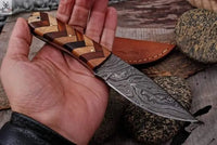 7.5" HAND FORGED Full Tang Damascus Steel Skinning knife + Leather Sheath ZB Knives Store