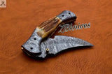 7.5" Inches HAND FORGED Damascus Steel Folding Pocket Knife + leather sheath - ZB Knives Store
