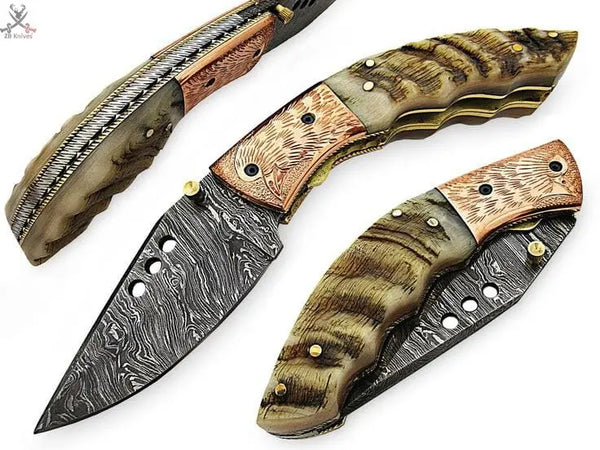 7.5" Inches HAND FORGED Damascus Steel Folding Pocket Knife+ Leather sheath ZB Knives Store