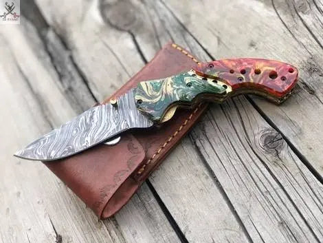 7.5" Inches HAND FORGED Damascus Steel Folding Pocket knife+ Leather Sheath ZB Knives Store