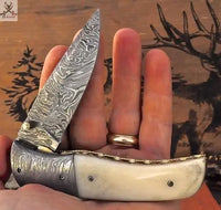 7.5" Inches HAND FORGED Damascus Steel Folding Pocket knife+ Leather sheath ZB Knives Store