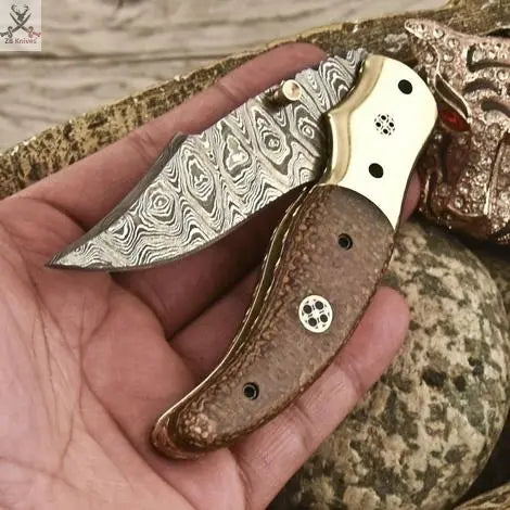 7.5" Inches HAND FORGED Damascus Steel Folding Pocket knife+ Leather sheath ZB Knives Store