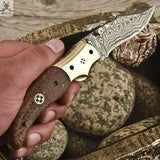 7.5" Inches HAND FORGED Damascus Steel Folding Pocket knife+ Leather sheath ZB Knives Store