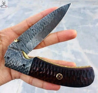 7.5" Inches HAND FORGED Full Tang Damascus Steel Folding Pocket Knife+ Leather sheath ZB Knives Store