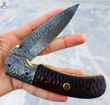 7.5" Inches HAND FORGED Full Tang Damascus Steel Folding Pocket Knife+ Leather sheath ZB Knives Store