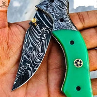 7.5" Inches HAND FORGED Full Tang Damascus Steel Folding Pocket Knife+ Leather sheath ZB Knives Store