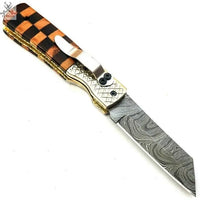 7.5" Inches HAND FORGED Full Tang Damascus Steel Folding Pocket Knife+ Leather sheath ZB Knives Store