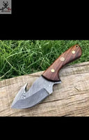 7.5" Inches HAND FORGED Full Tang Damascus Steel Gut Hook Skinning Knife+ Leather sheath ZB Knives Store