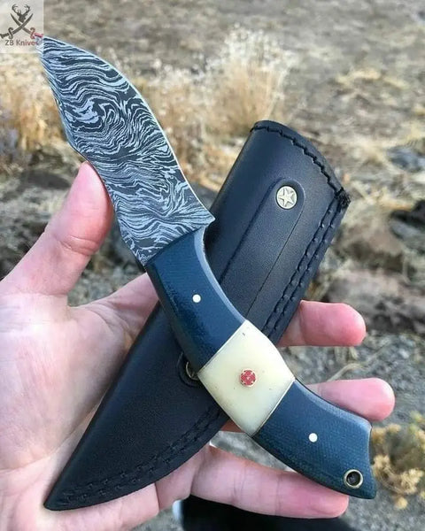 7.5" Inches HAND FORGED Full Tang Damascus Steel Skinning Knife+ Leather sheath ZB Knives Store