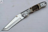 7.5" Inches HAND FORGED J2 Steel Folding Pocket Knife+ Leather Sheath ZB Knives Store