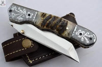 7.5" Inches HAND FORGED J2 Steel Folding Pocket Knife+ Leather Sheath ZB Knives Store