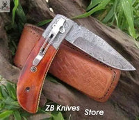 7.5" inches HAND FORGED Damascus Steel Folding Pocket Knife + Leather Sheath ZB Knives Store