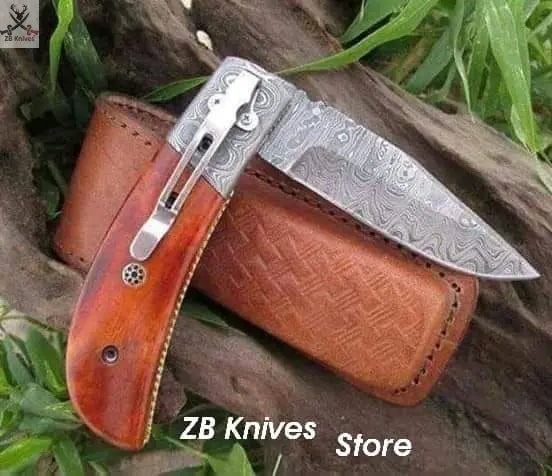 7.5" inches HAND FORGED Damascus Steel Folding Pocket Knife + Leather Sheath ZB Knives Store