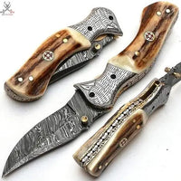 7.5" inches HAND FORGED Damascus Steel Folding Pocket Knife + Leather Sheath ZB Knives Store