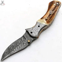 7.5" inches HAND FORGED Damascus Steel Folding Pocket Knife + Leather Sheath ZB Knives Store