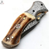 7.5" inches HAND FORGED Damascus Steel Folding Pocket Knife + Leather Sheath ZB Knives Store