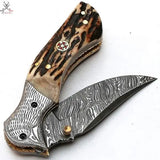 7.5" inches HAND FORGED Damascus Steel Folding Pocket Knife + Leather Sheath ZB Knives Store